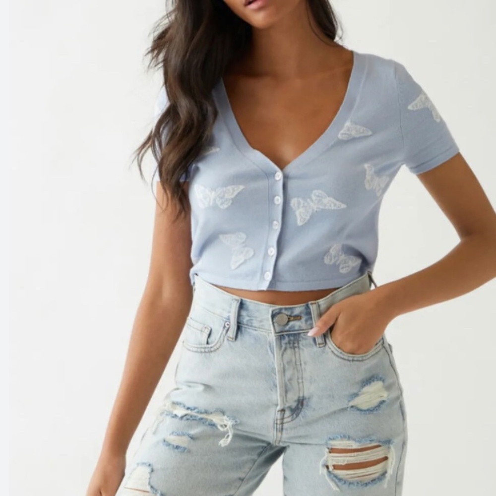 Light Blue Cropped Butterfly Knit Top